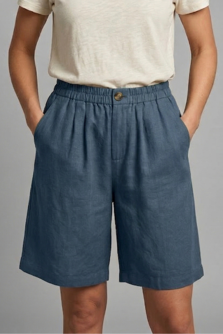 Sable | Olive Green Linen Wide Leg Bermuda Shorts 9