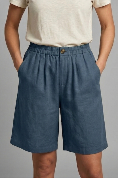 Sable | Olive Green Linen Wide Leg Bermuda Shorts 9