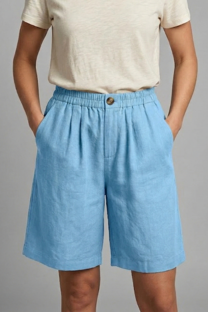 Sable | Olive Green Linen Wide Leg Bermuda Shorts 12