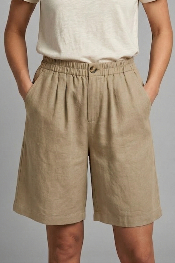 Sable | Olive Green Linen Wide Leg Bermuda Shorts 13