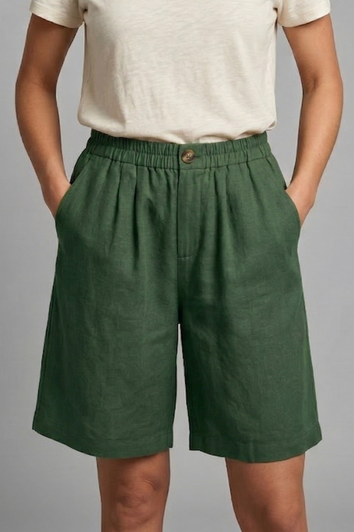 Sable | Olive Green Linen Wide Leg Bermuda Shorts 14