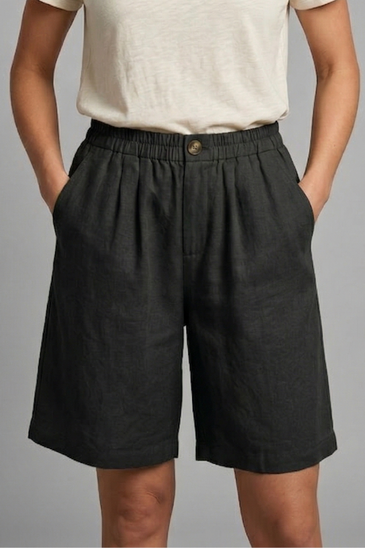Sable | Olive Green Linen Wide Leg Bermuda Shorts 15