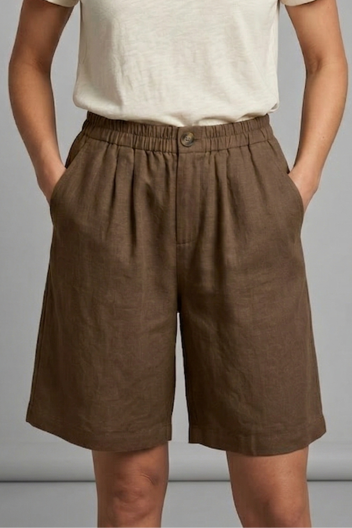 Sable | Olive Green Linen Wide Leg Bermuda Shorts 17