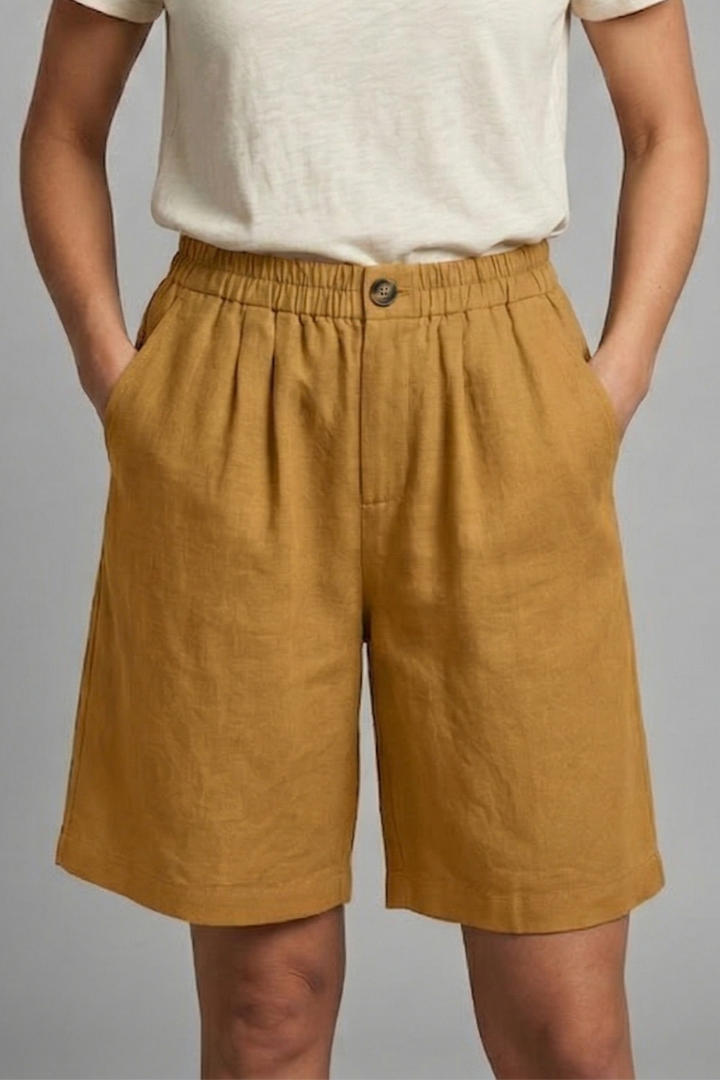 Sable | Olive Green Linen Wide Leg Bermuda Shorts 18