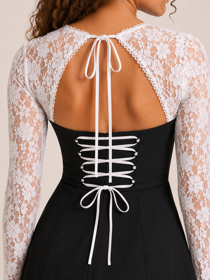 Aviana | Black and White Lace Long Sleeve Corset Mini Dress 8