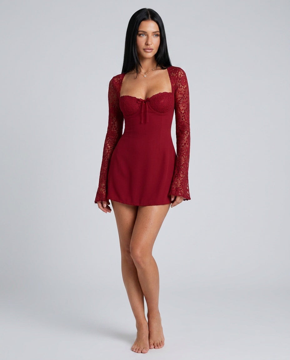Aviana | Black and White Lace Long Sleeve Corset Mini Dress 19