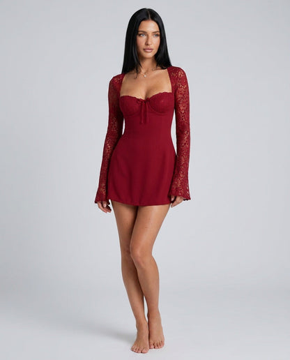 Aviana | Black and White Lace Long Sleeve Corset Mini Dress 19