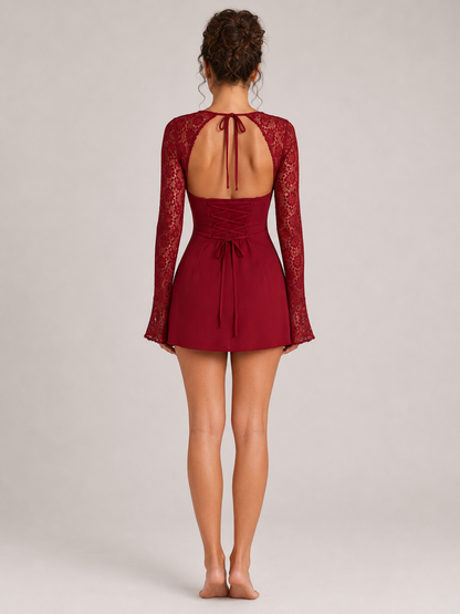 Aviana | Black and White Lace Long Sleeve Corset Mini Dress 20