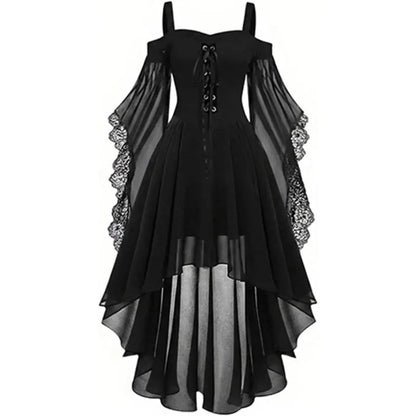 Morrigan | Black Gothic Lace Up Bell Sleeve High Low Dress 3