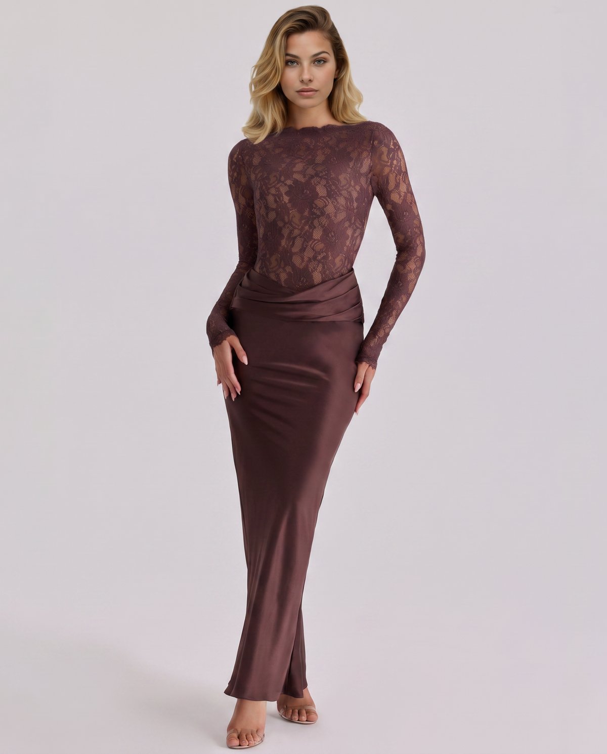 Rosania | Mocha Lace Bodice Satin Draped Maxi Dress 1