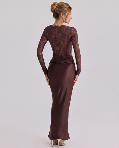 Rosania | Mocha Lace Bodice Satin Draped Maxi Dress 2