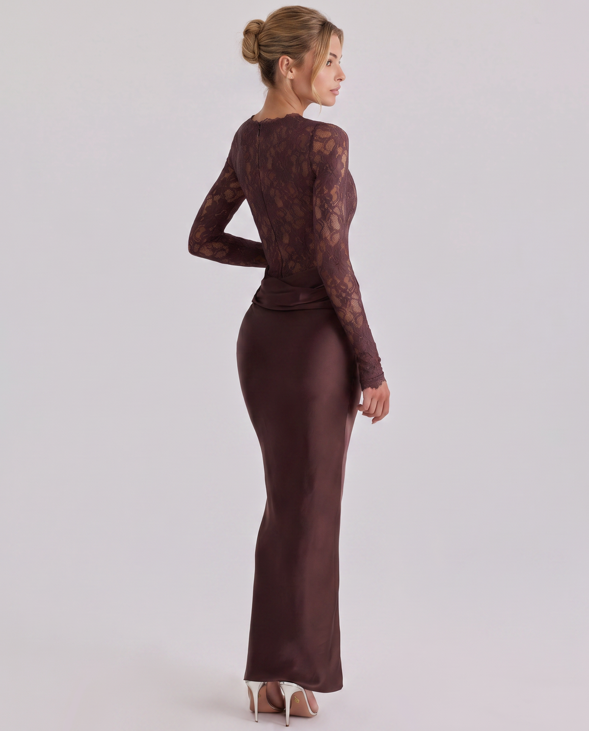 Rosania | Mocha Lace Bodice Satin Draped Maxi Dress 3
