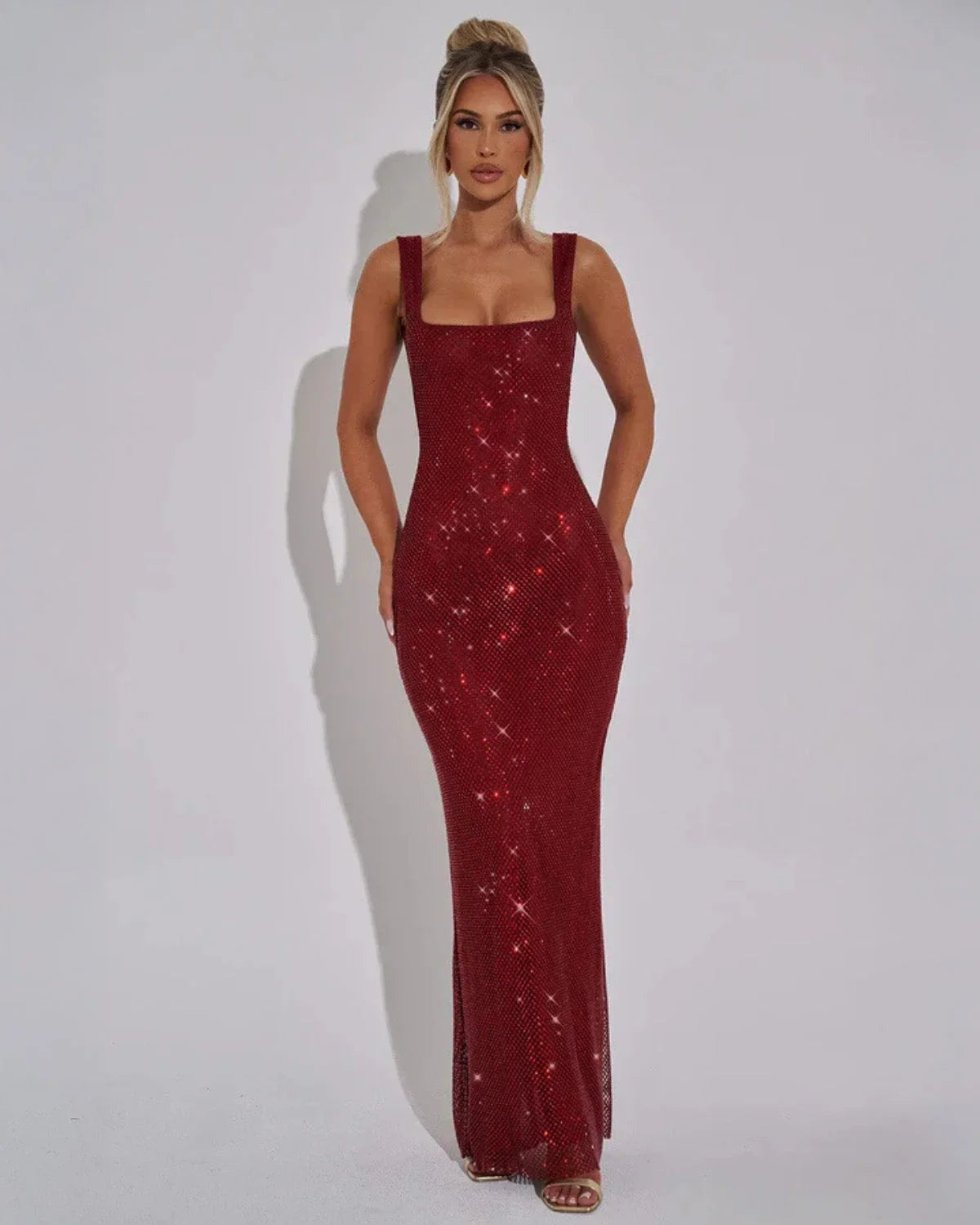 Verity | Red Rhinestone Mesh Square Neck Maxi Dress 1
