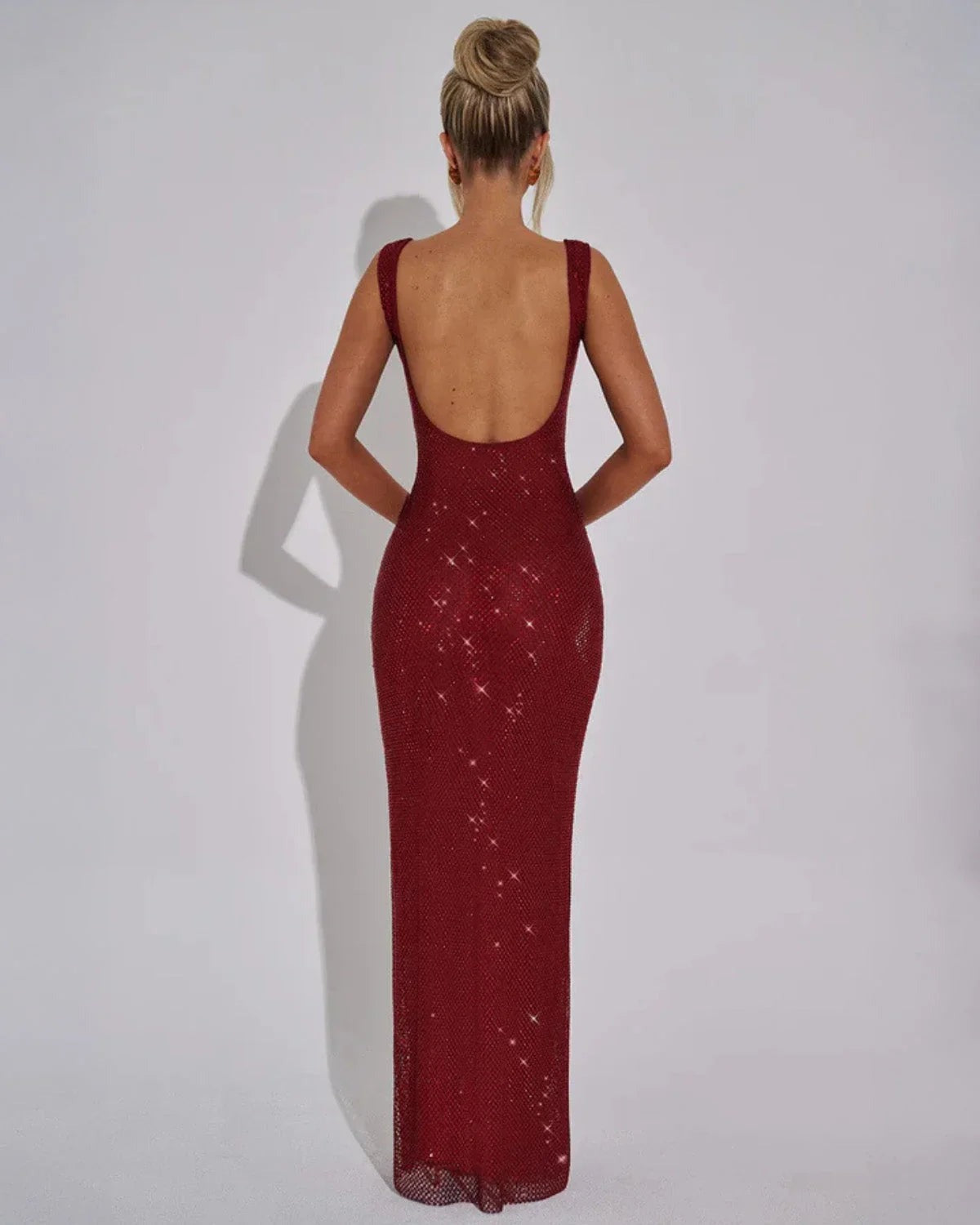 Verity | Red Rhinestone Mesh Square Neck Maxi Dress 2