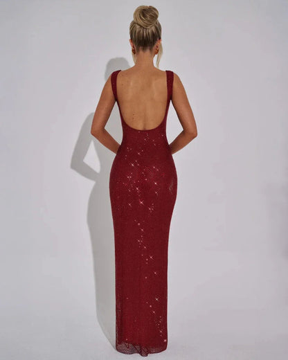 Verity | Red Rhinestone Mesh Square Neck Maxi Dress 2