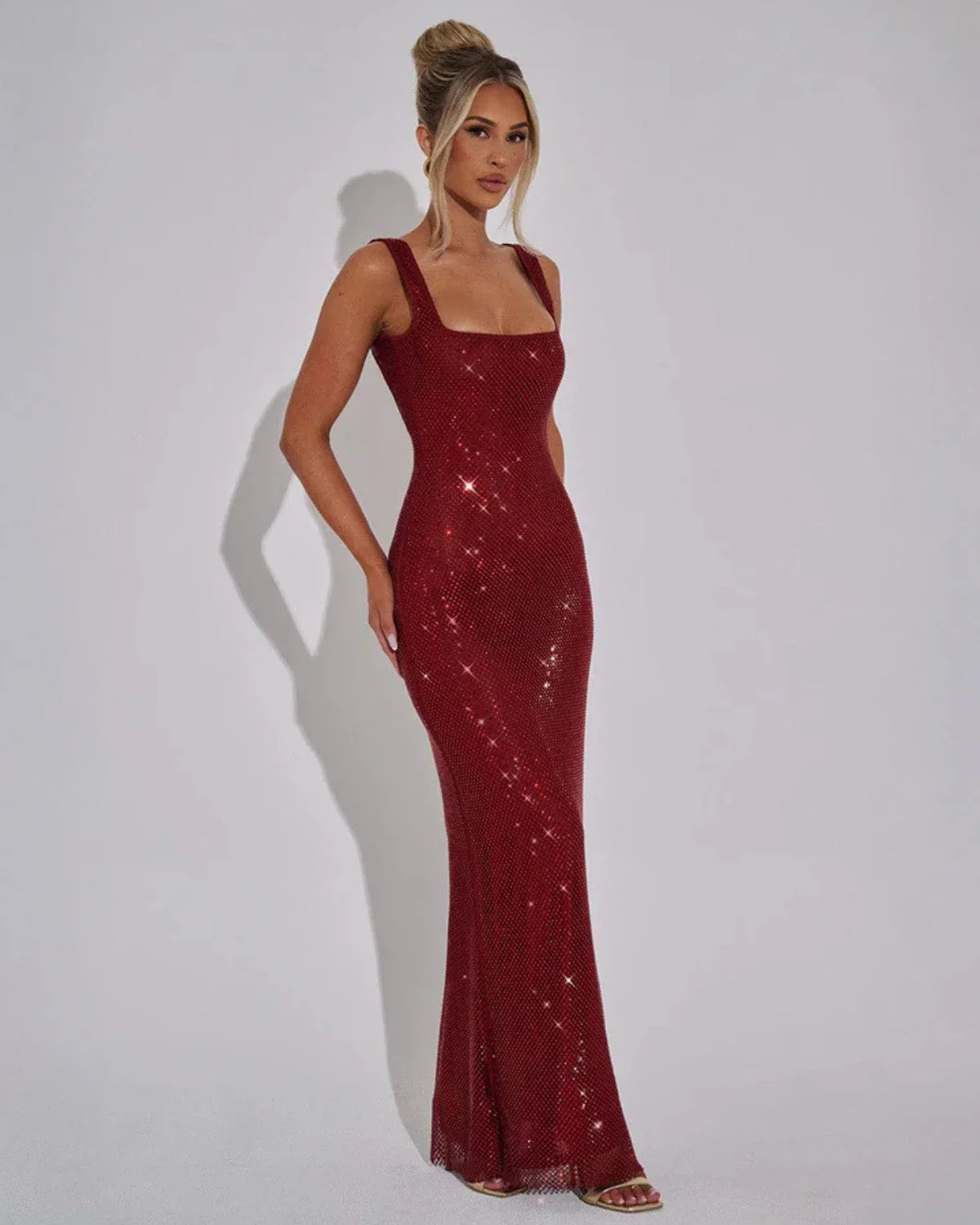 Verity | Red Rhinestone Mesh Square Neck Maxi Dress 4