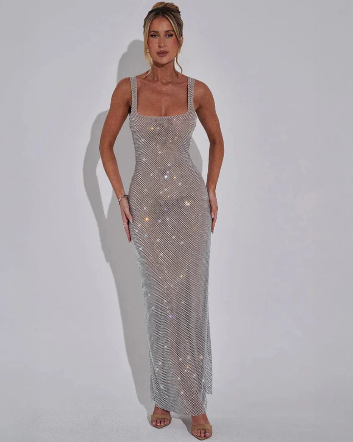 Verity | Red Rhinestone Mesh Square Neck Maxi Dress 6