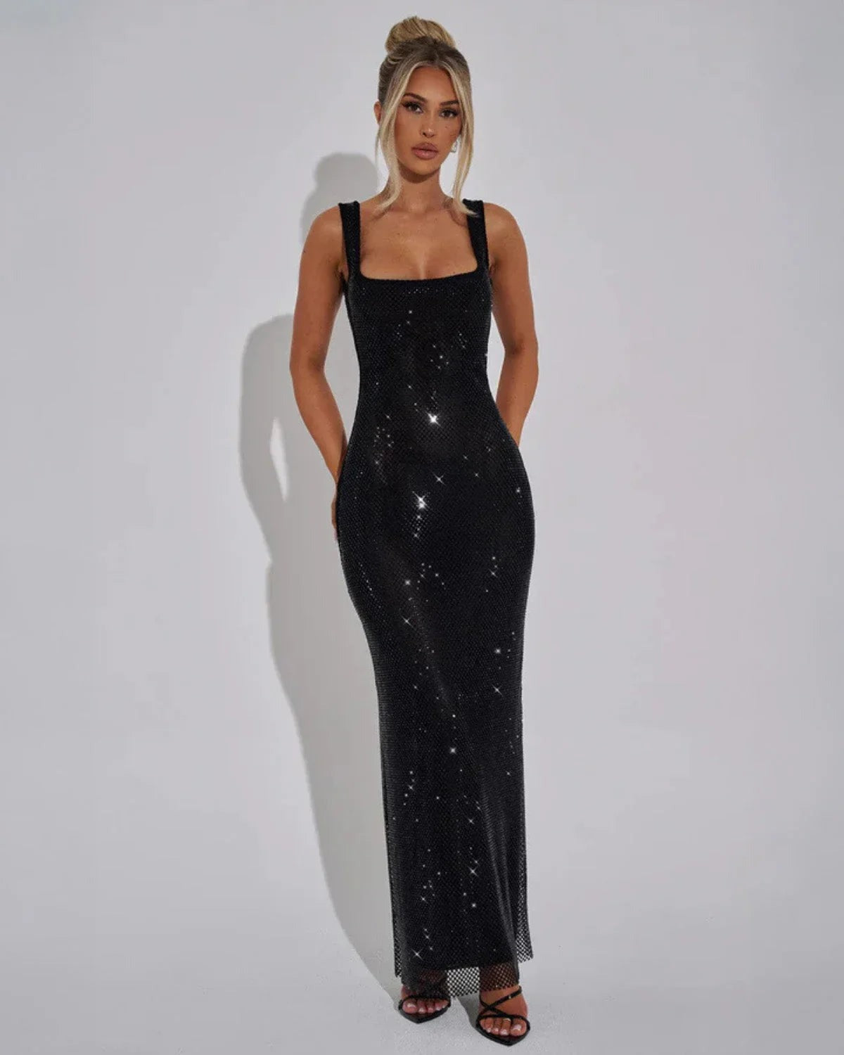 Verity | Red Rhinestone Mesh Square Neck Maxi Dress 9
