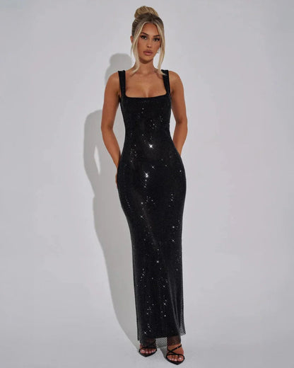 Verity | Red Rhinestone Mesh Square Neck Maxi Dress 9