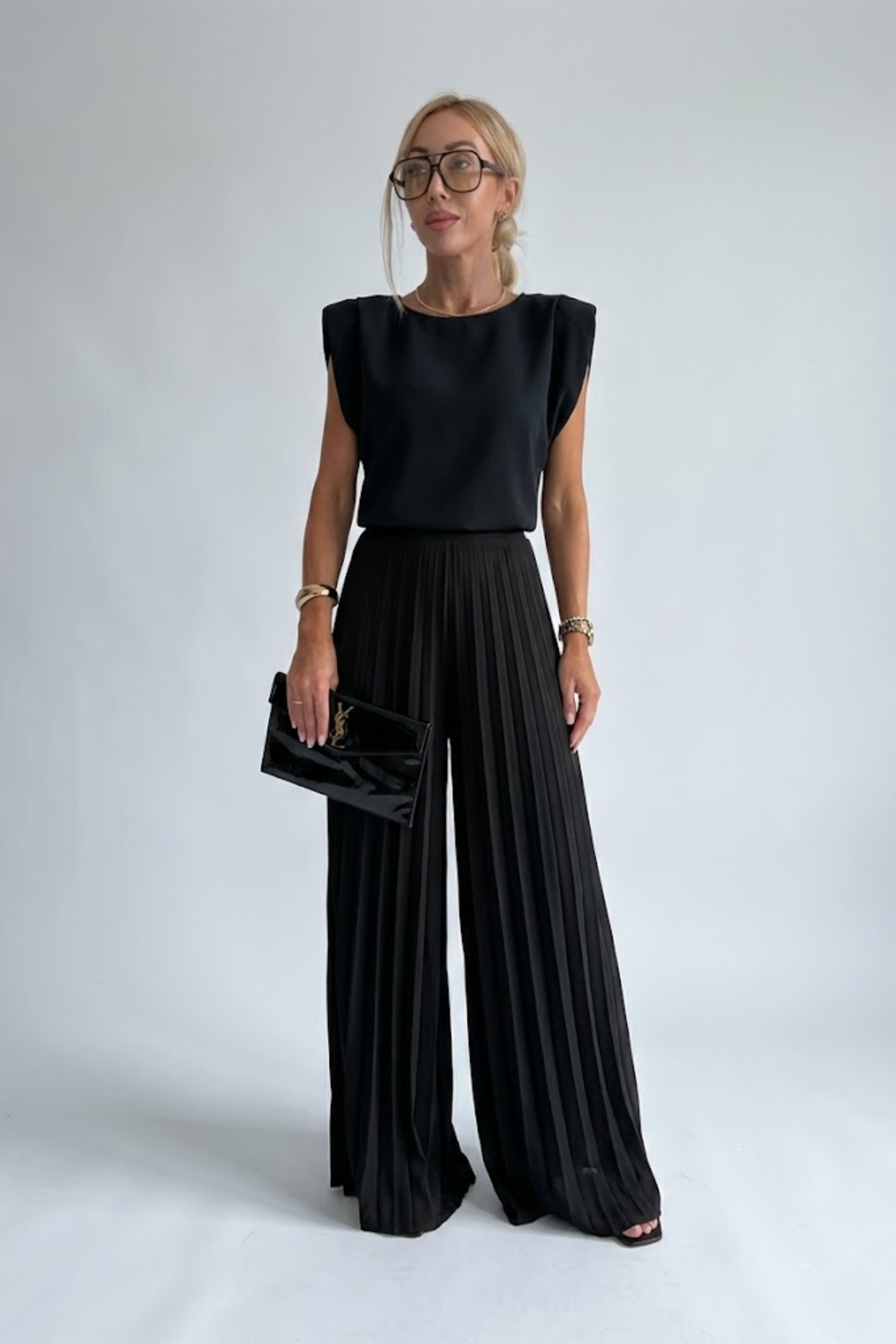 Amara | Black Cap Sleeve Top and Pleated Wide Leg Two Piece Set 1