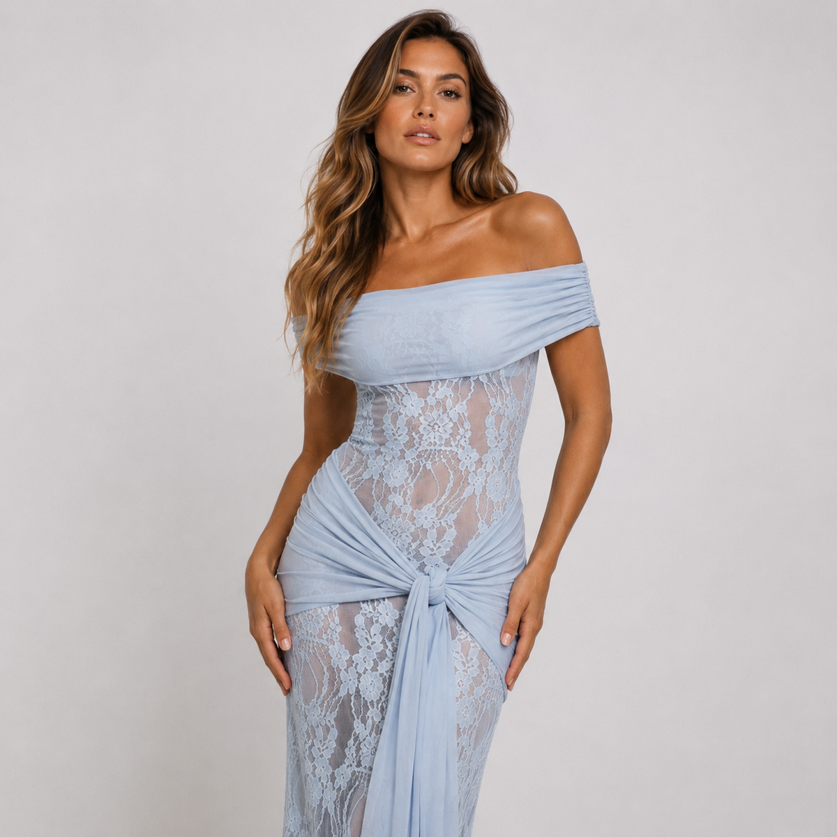 Margaux Fontaine | Off Shoulder Lace Spring Racing Maxi Dress 1
