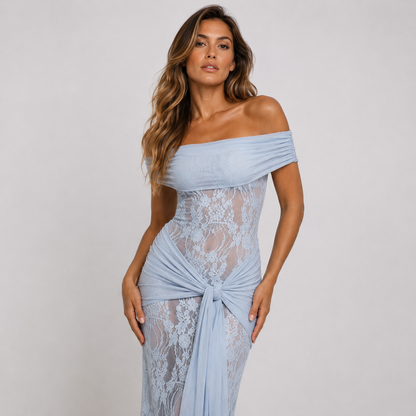 Margaux Fontaine | Off Shoulder Lace Spring Racing Maxi Dress 1