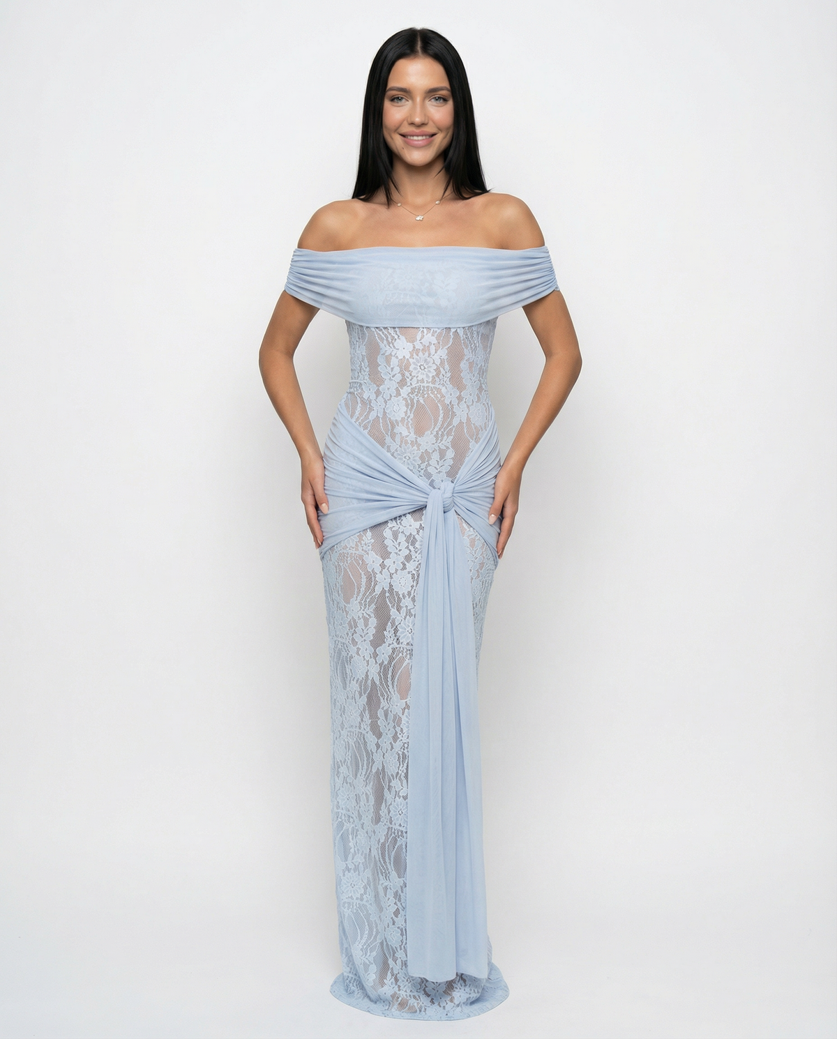 Margaux Fontaine | Off Shoulder Lace Spring Racing Maxi Dress 2