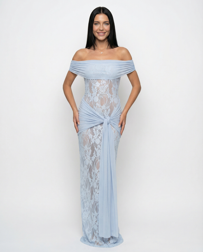 Margaux Fontaine | Off Shoulder Lace Spring Racing Maxi Dress 2