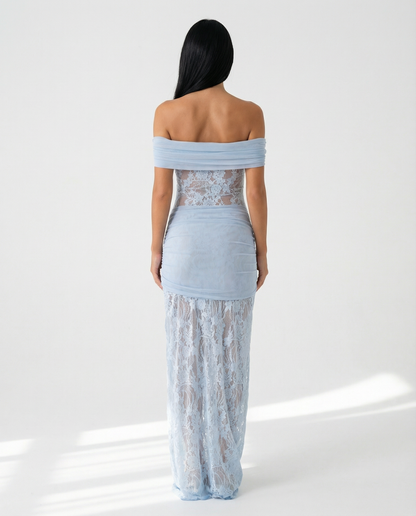 Margaux Fontaine | Off Shoulder Lace Spring Racing Maxi Dress 3