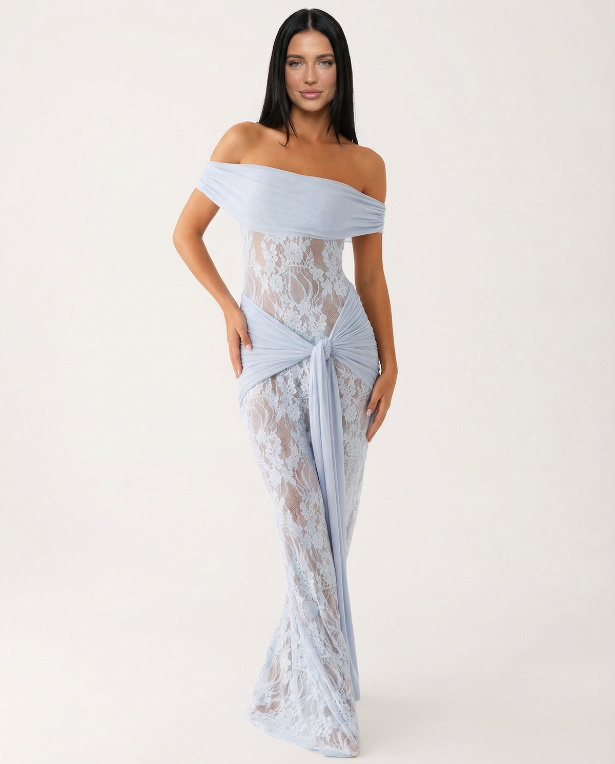 Margaux Fontaine | Off Shoulder Lace Spring Racing Maxi Dress 4