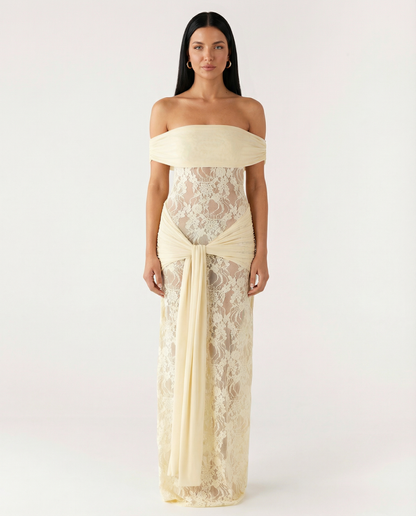 Margaux Fontaine | Off Shoulder Lace Spring Racing Maxi Dress 5