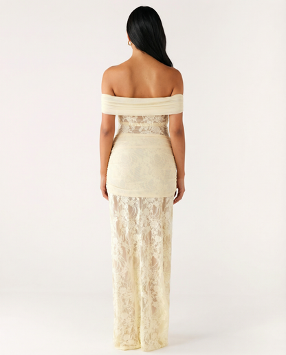 Margaux Fontaine | Off Shoulder Lace Spring Racing Maxi Dress 6