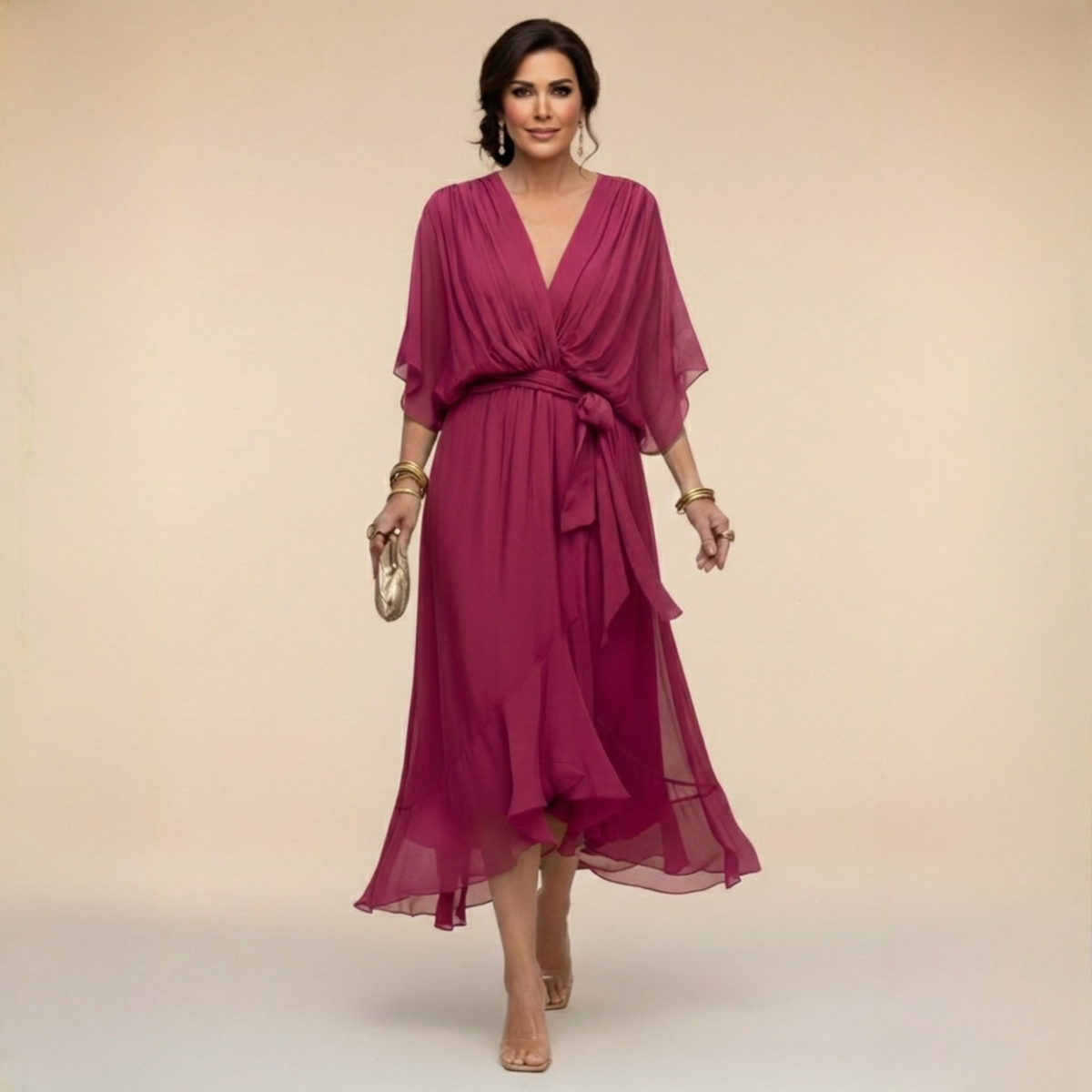 Verenia | V Neck Flowy Sleeve Occasion Dress 4