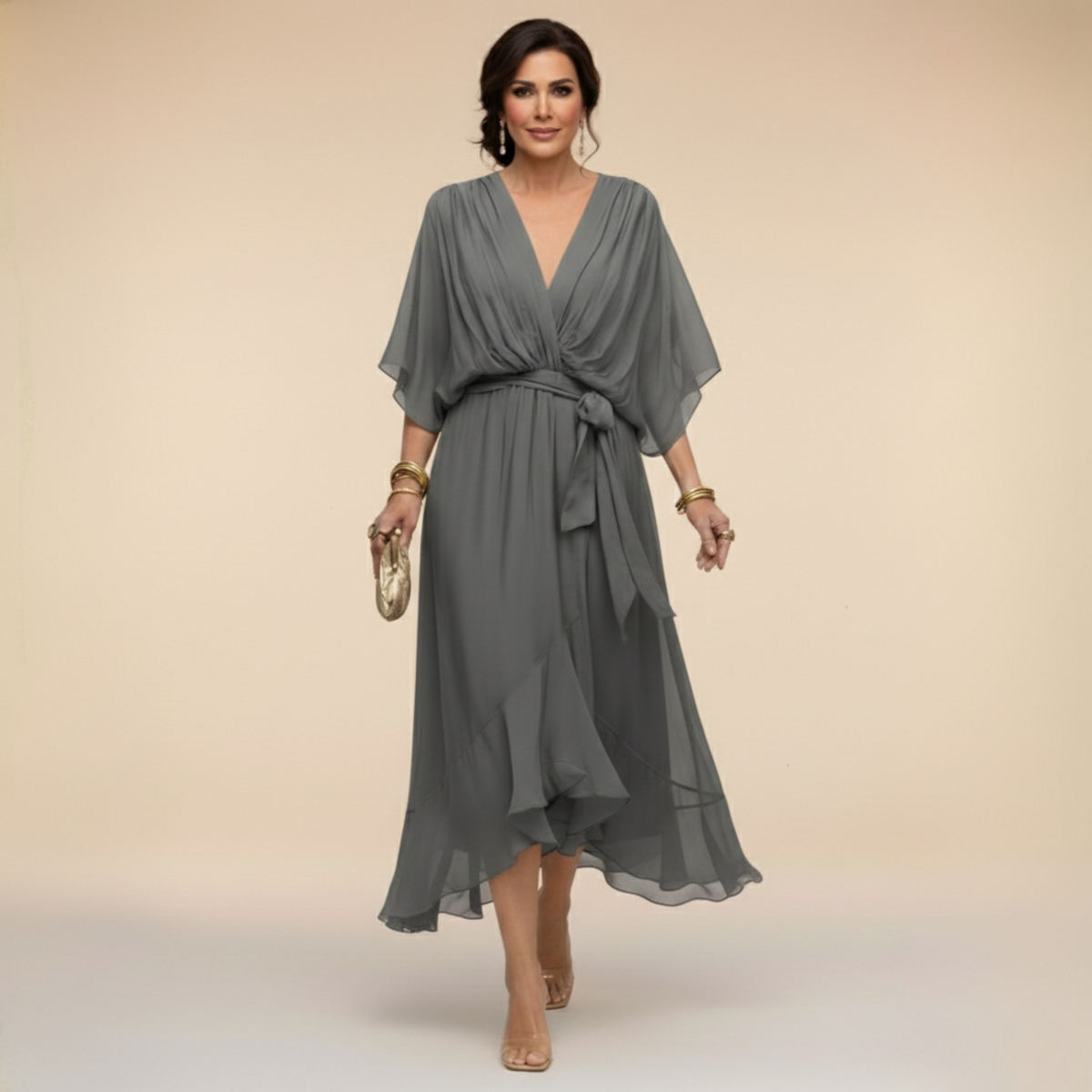 Verenia | V Neck Flowy Sleeve Occasion Dress 6