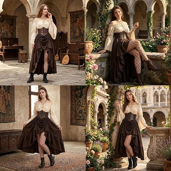 Guinevere | Cream and Brown Renaissance Corset Skirt Costume Set 1