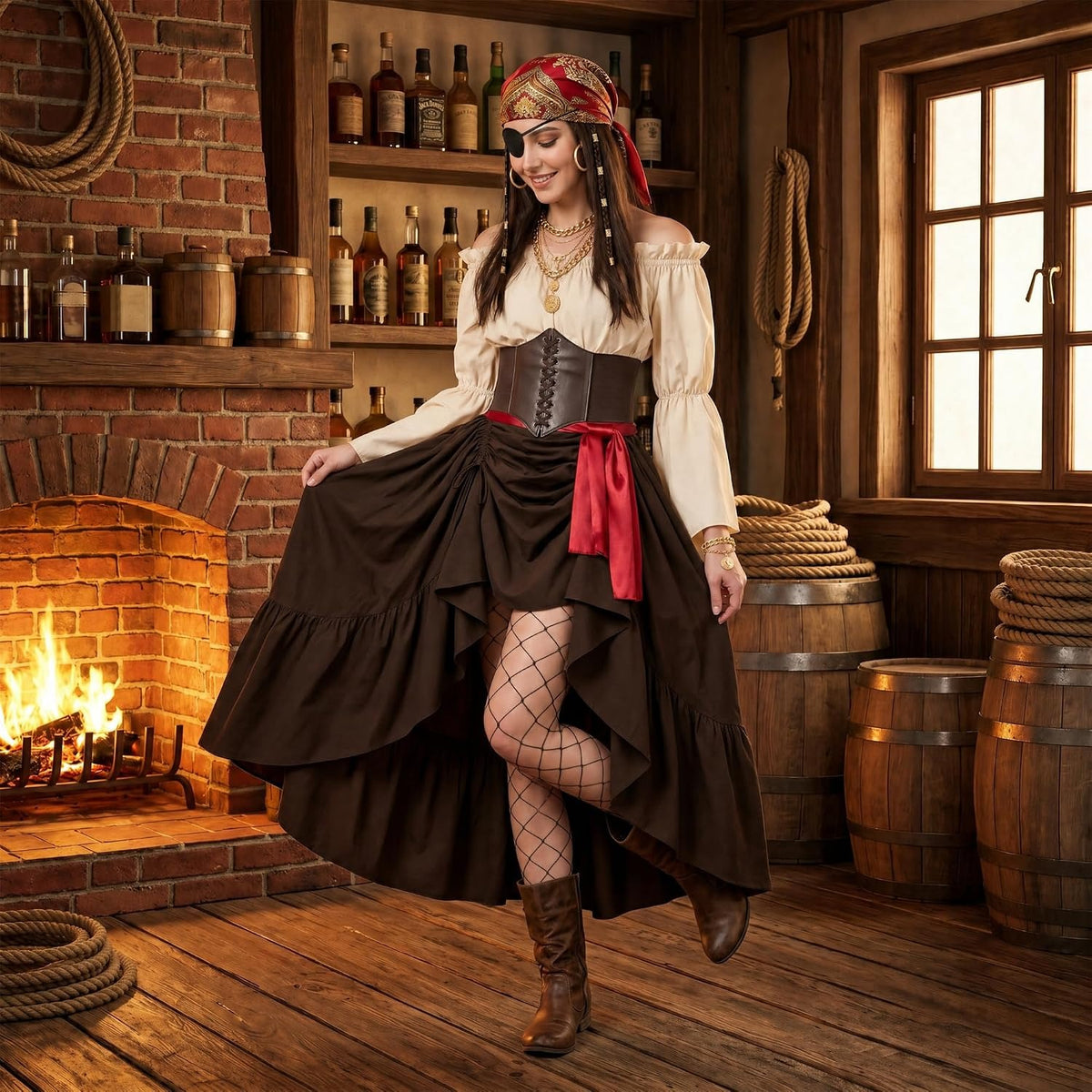 Guinevere | Cream and Brown Renaissance Corset Skirt Costume Set 3