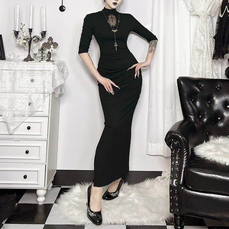 Lilith | Black Gothic High Neck Lace Bodycon Maxi Dress 1