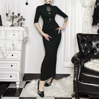 Lilith | Black Gothic High Neck Lace Bodycon Maxi Dress 1