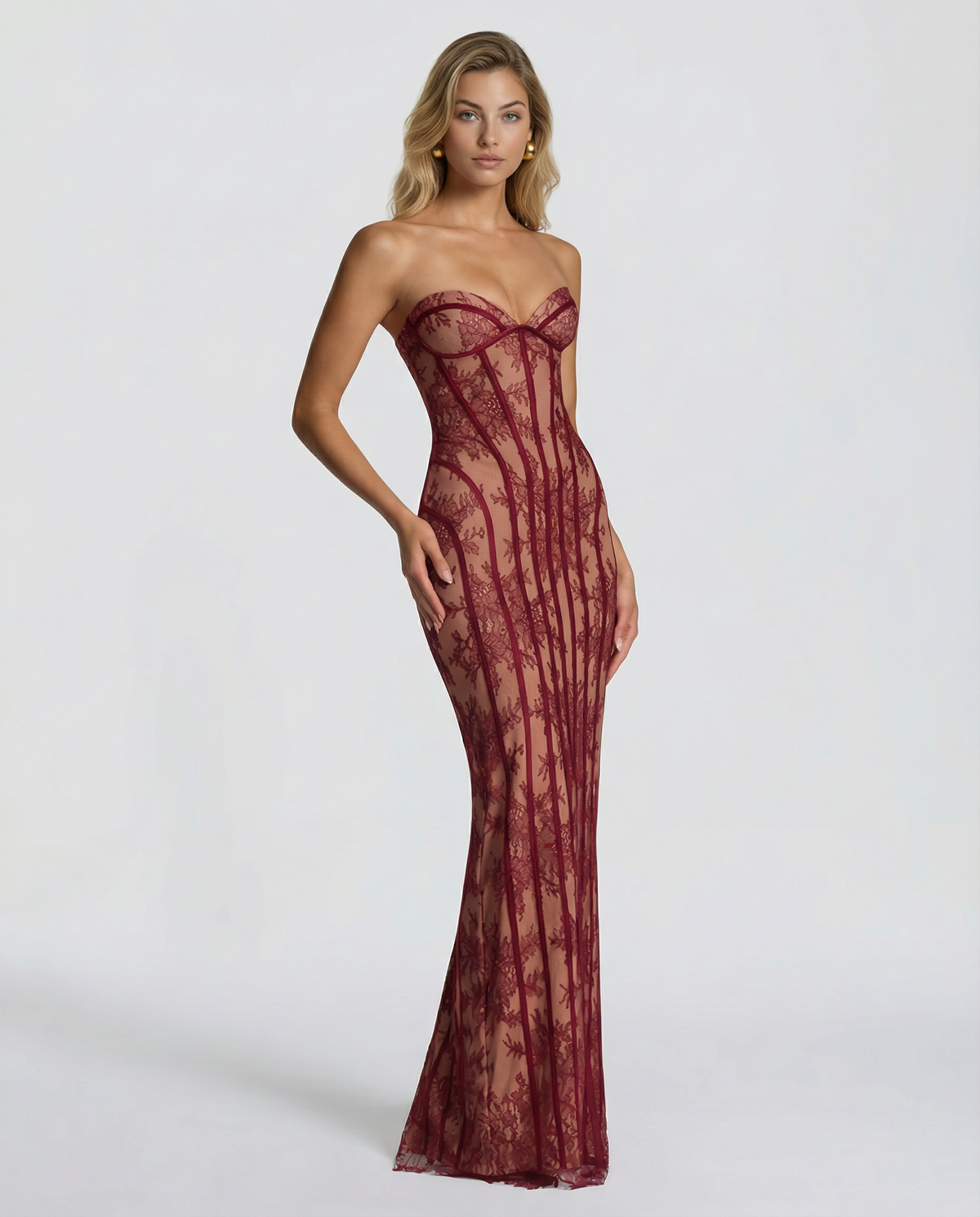 Seren | Wine Sheer Lace Corset Lace Up Maxi Dress 1
