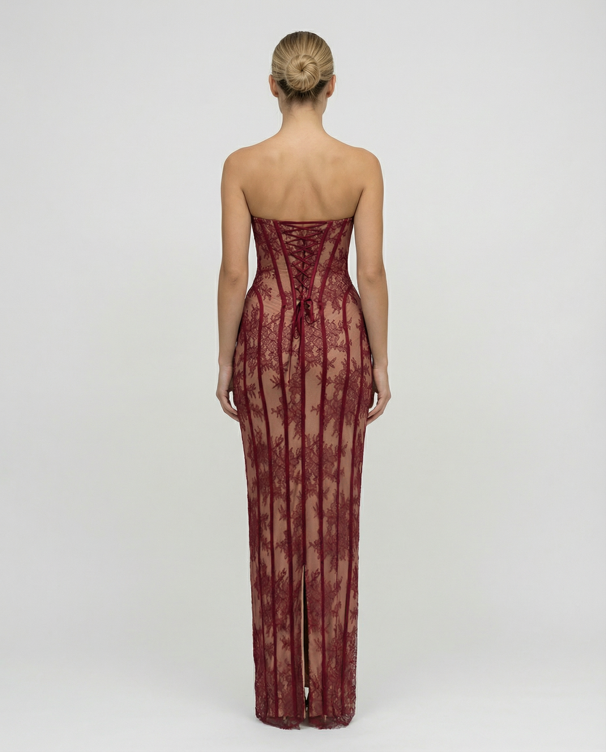 Seren | Wine Sheer Lace Corset Lace Up Maxi Dress 2