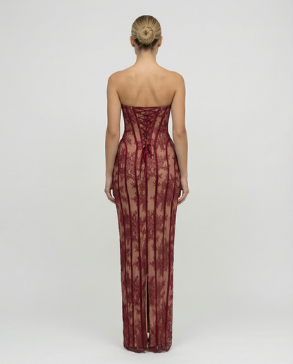 Seren | Wine Sheer Lace Corset Lace Up Maxi Dress 2