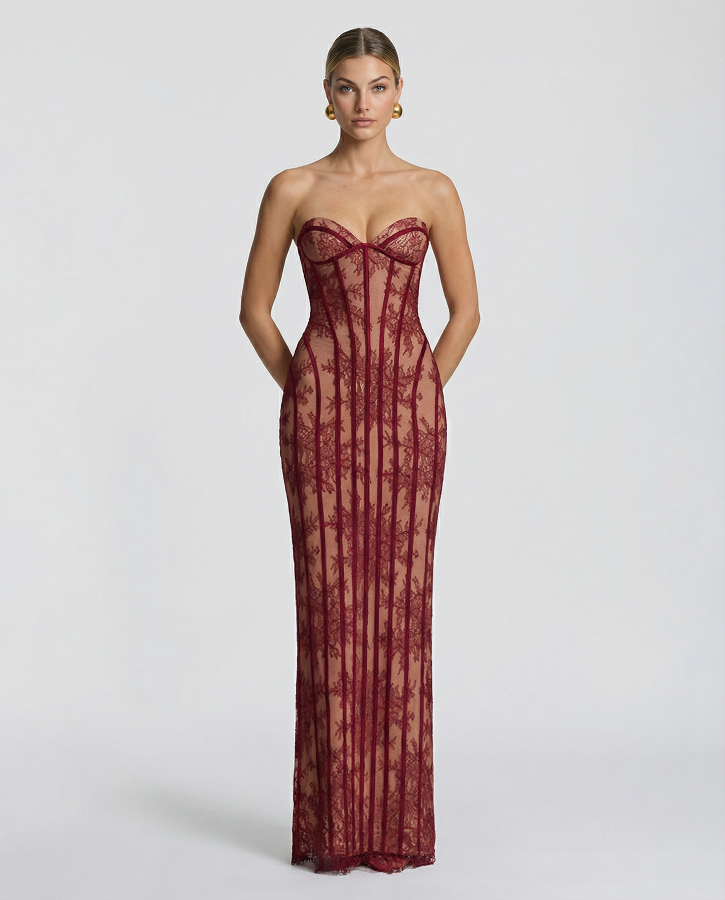 Seren | Wine Sheer Lace Corset Lace Up Maxi Dress 3