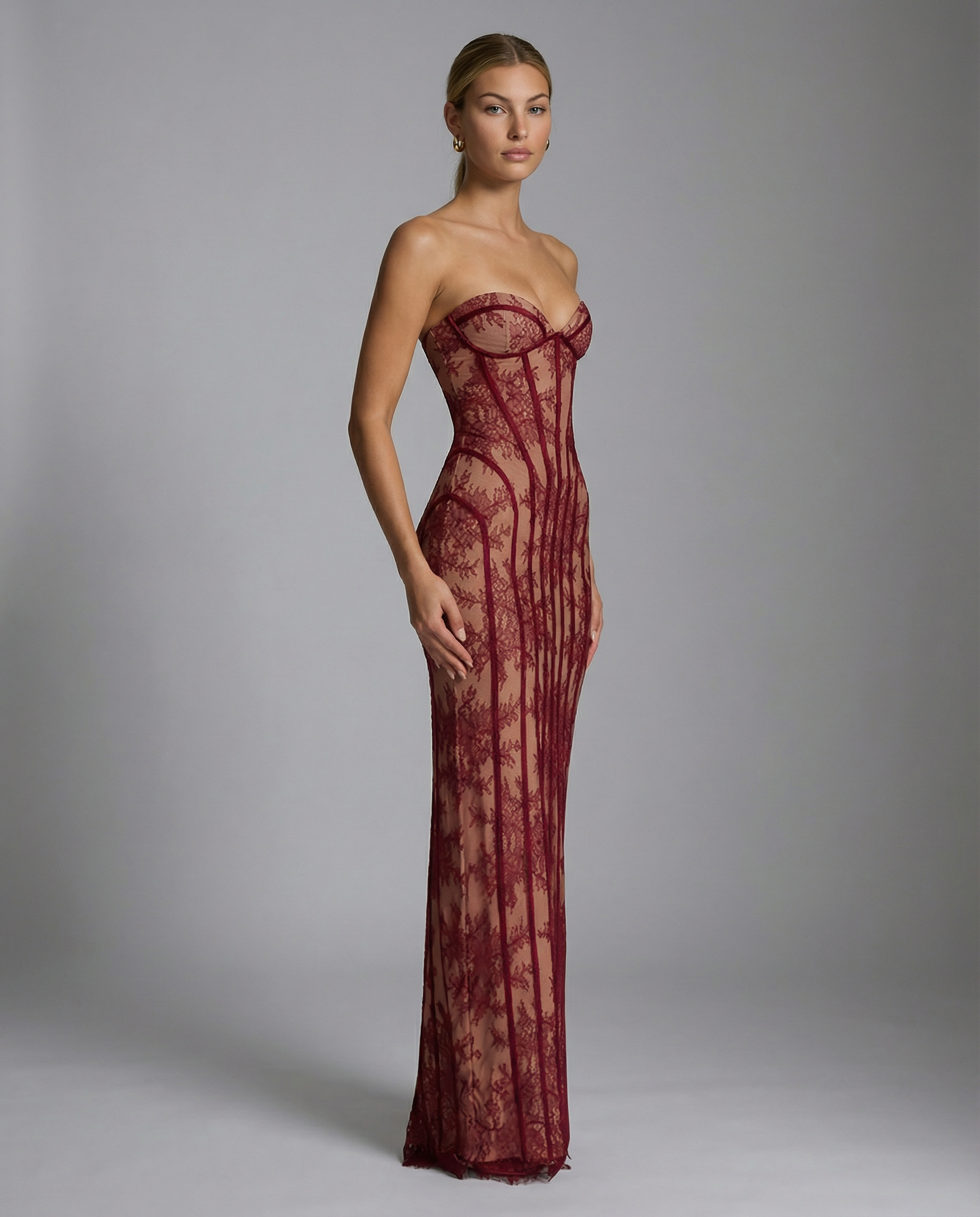 Seren | Wine Sheer Lace Corset Lace Up Maxi Dress 4