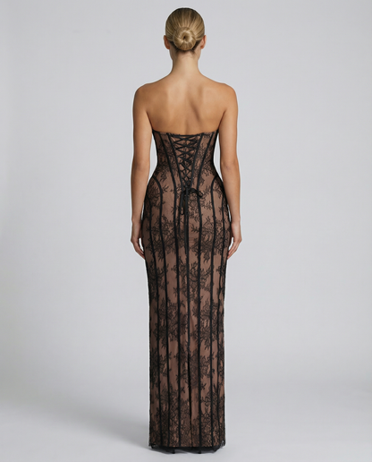 Seren | Wine Sheer Lace Corset Lace Up Maxi Dress 6