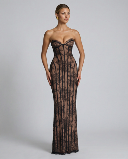 Seren | Wine Sheer Lace Corset Lace Up Maxi Dress 8