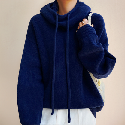 Women's Oversized Knit Jumper with Cowl Neck and Drawstring Hood