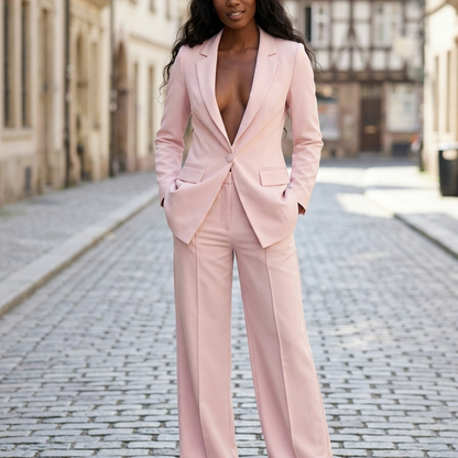 Women's Blazer and Wide-Leg Pants Suit Set with Single-Breasted Jacket