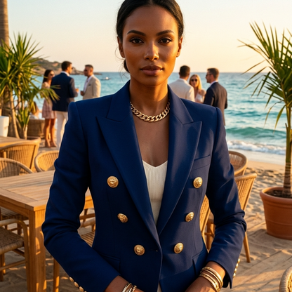Women's Double-Breasted Blazer with Gold Buttons and Tailored Peak Lapel