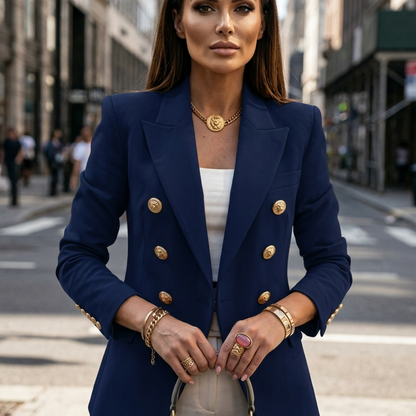 Women's Double-Breasted Blazer with Gold Buttons and Tailored Peak Lapel