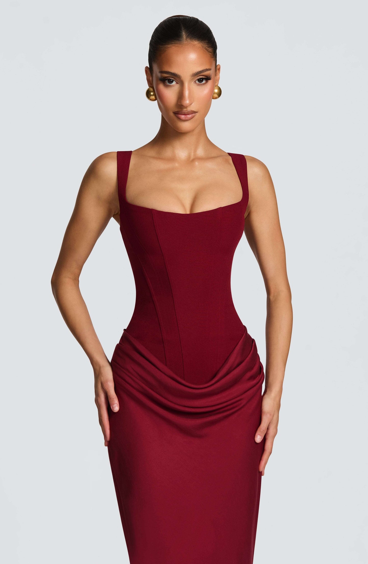 Corset Draped Sculpt Wedding Guest Maxi Dress
